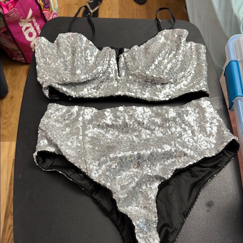 For Love And Lemons Silver Sequin Bra Set